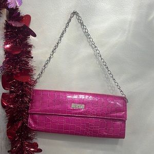 Pink magenta, patent leather clutch with silver metal